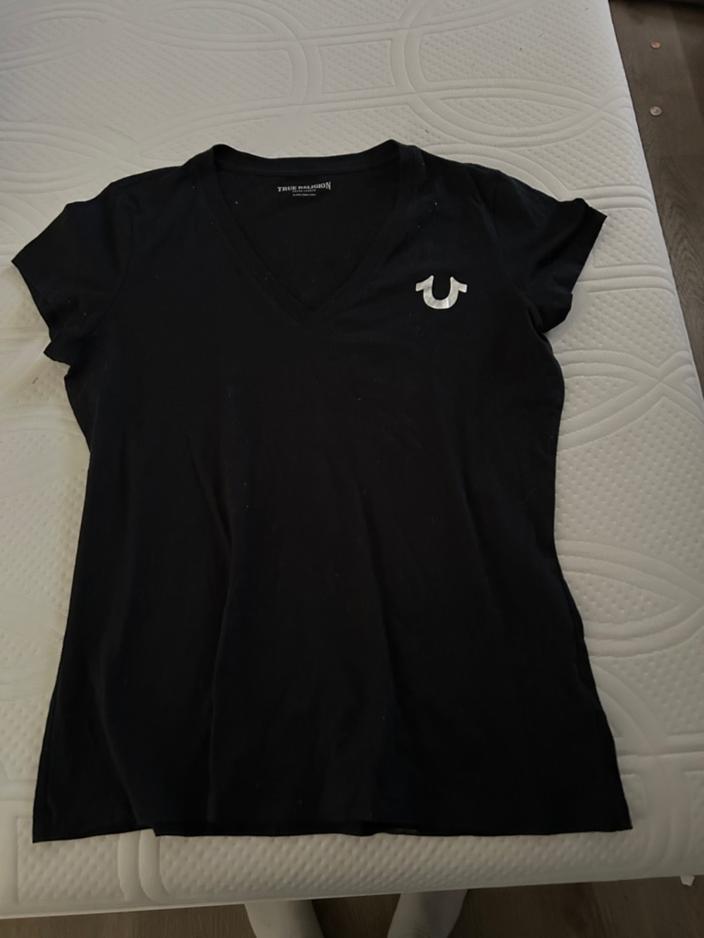 True Religion Black Foil & Rhinestone Buddha Slim V-Neck SS Logo Tee, Size XL